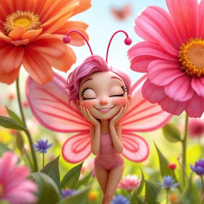 The primary subject of the image is a pink butterfly with pink hair, wearing a pink dress and standing in a field of flowers. The setting is a garden with a variety of flowers, including a large pink flower in the foreground. The visual style is a digital art illustration, creating a whimsical and colorful atmosphere. The dominant colors are pink and various shades of pink, with the flowers adding a vibrant touch to the scene.